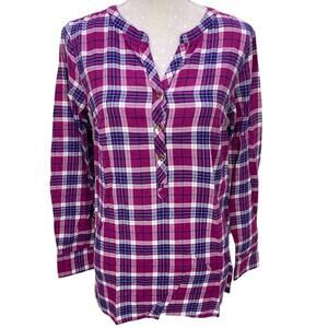 Lands End Flannel Shirt Size 4 Pink‎ Blue Plaid Popover Top Long Sleeve V Neck